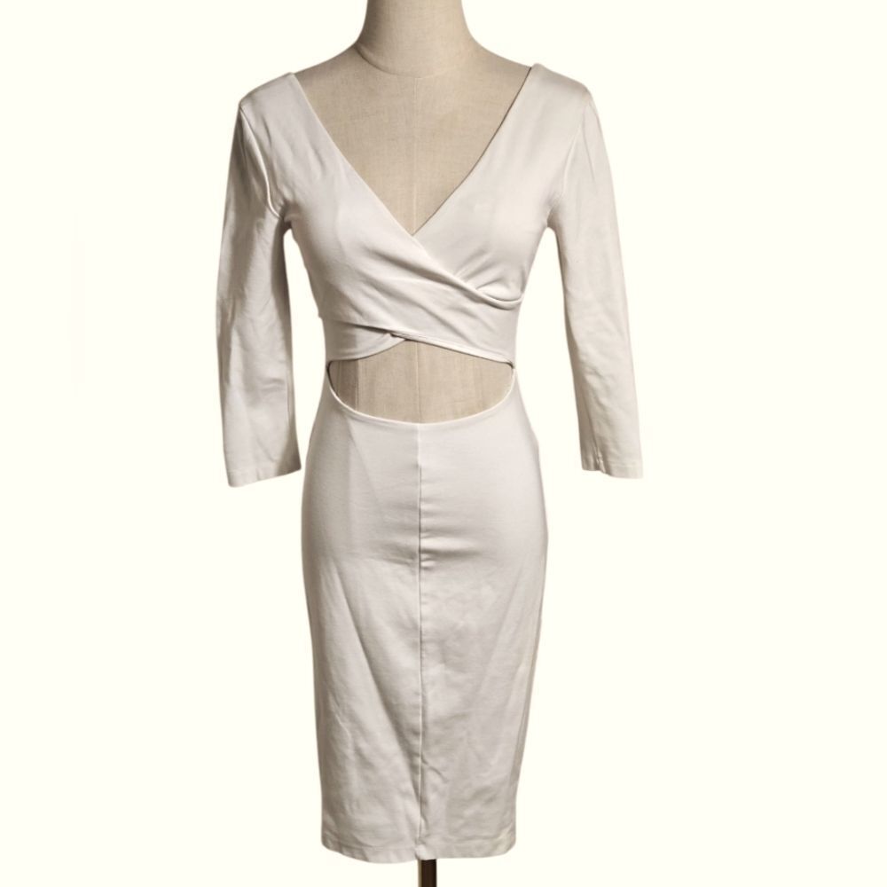 Bebe White Cream Cur Out Stretch Dress 3/4 Sleeve